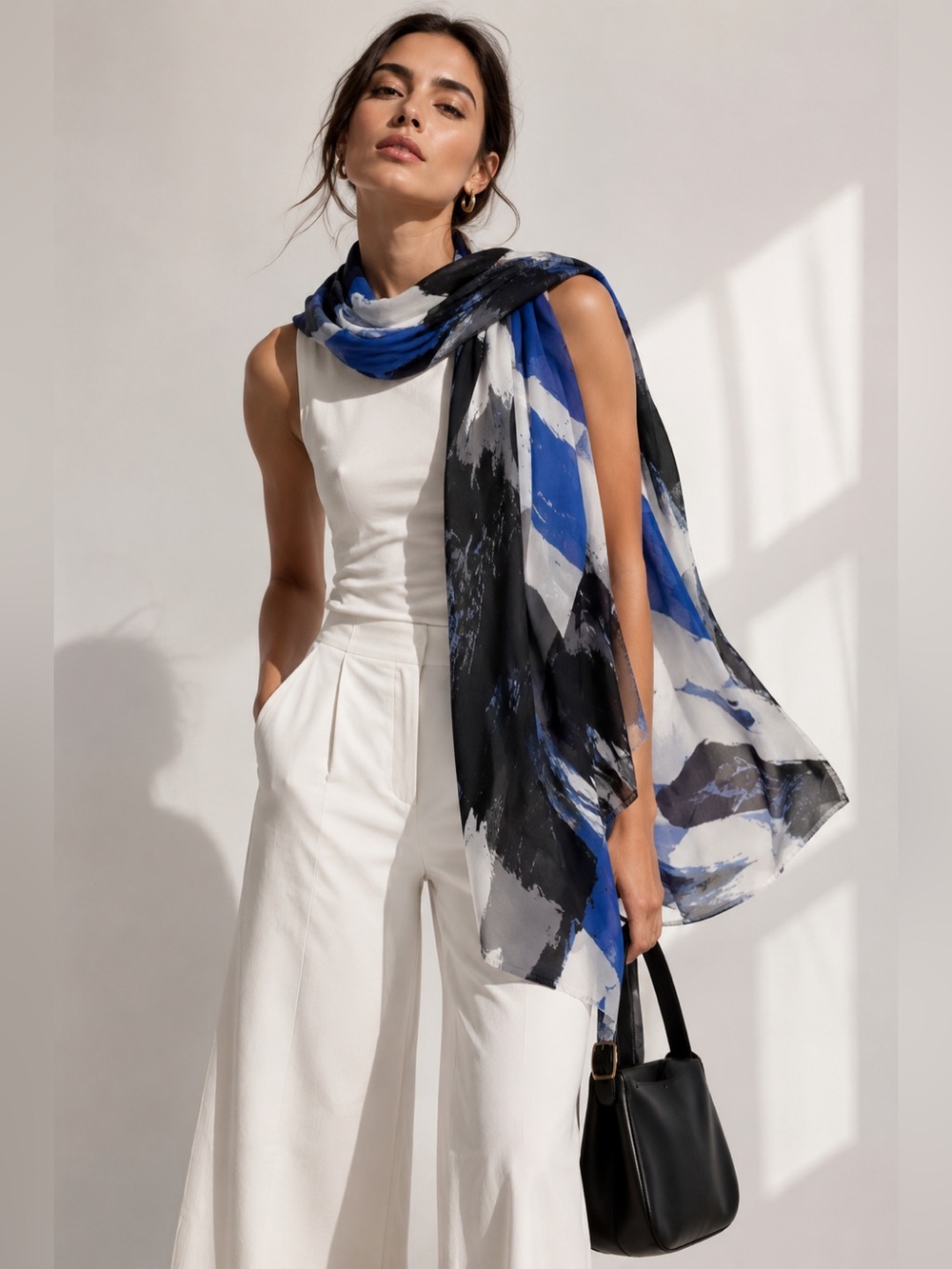 Le Château Abstract Blue Black Sheer Scarf Shawl Oversized Lightweight Wrap